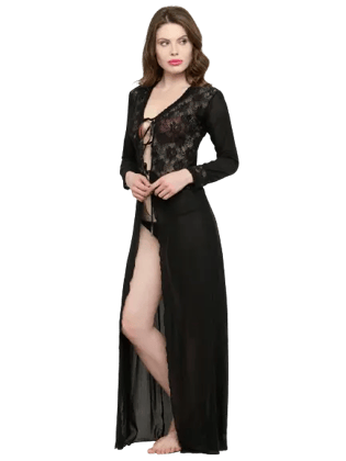 Women Deep Neck Black Lace Bridal Nightwear with G-String/Black Lace Long Gown for Women – Sexy Sheer Nightwear | Premium Lingerie