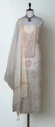 Chikankari Mul Chanderi Dress Material Cream Pink Floral Chikankari Mul Chanderi Dress Material Cream Pink Floral