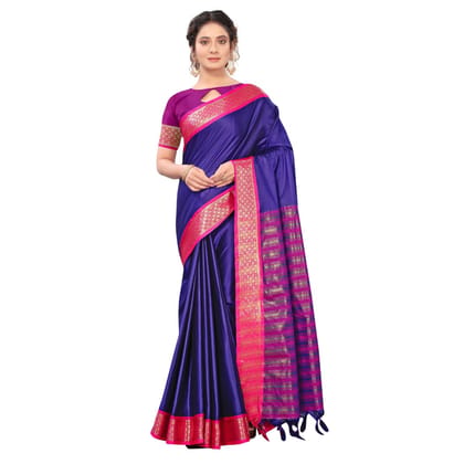 Generic Women's Cotton Silk  Saree with Blouse (Blue, 5 - 6 Mtrs)