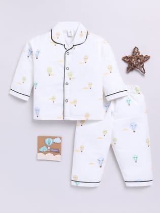 "Hot air Balloon" White Cotton Full Sleeves Nightwear Set-6-9 m