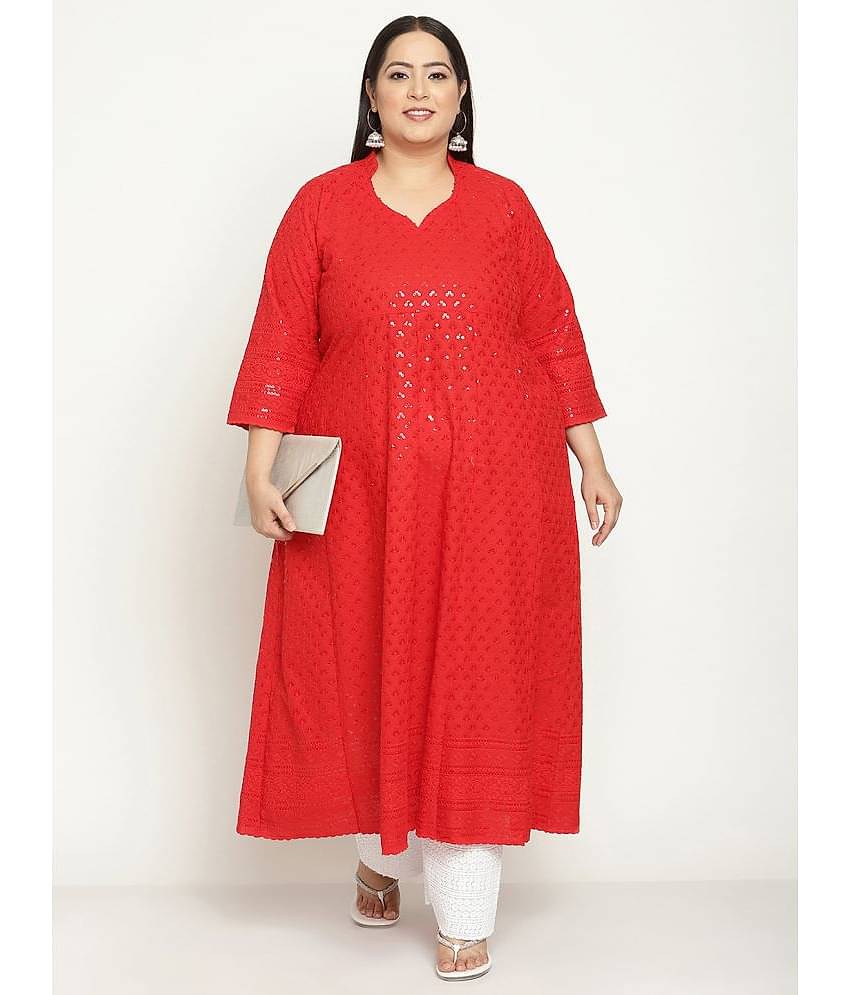 Queenley Cotton Embellished Anarkali Women's Kurti - Red ( Pack of 1 )