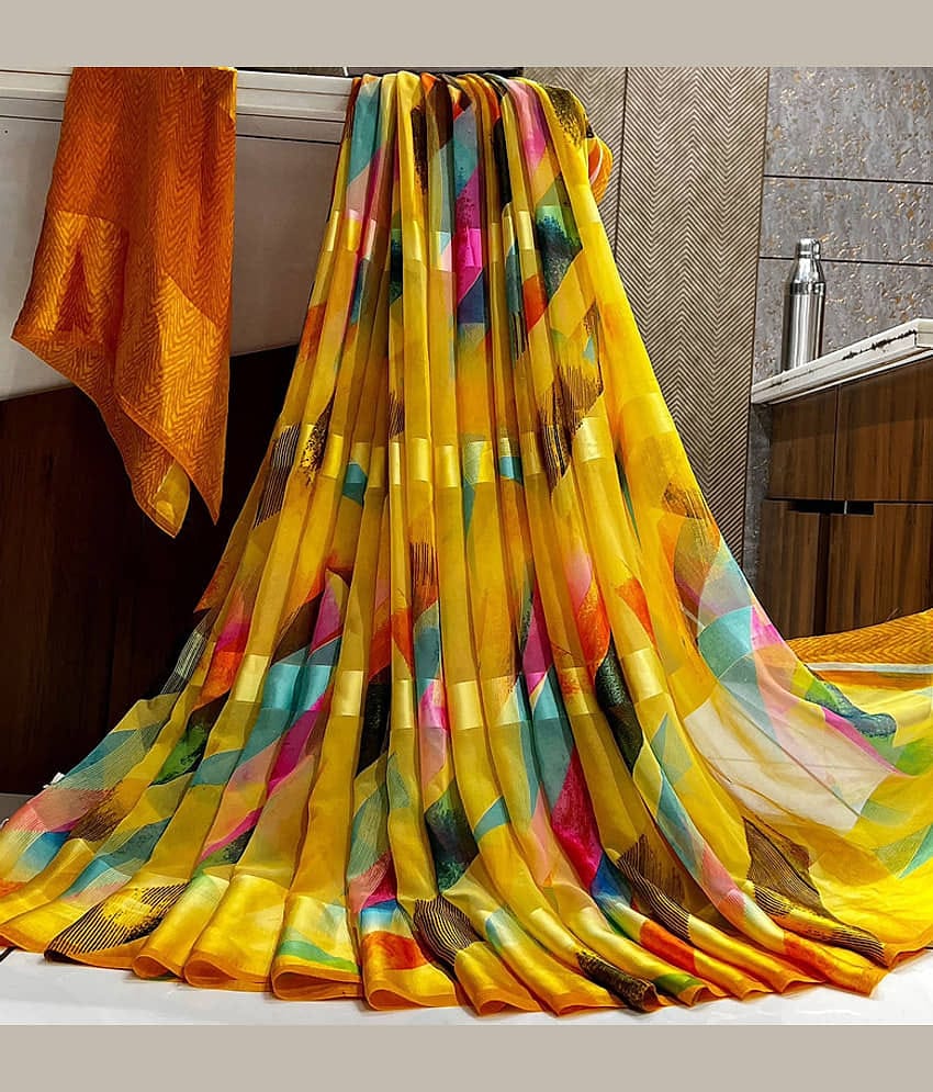 Sanwariya Silks Georgette Printed Saree With Unstitched Blouse Piece ( Yellow )