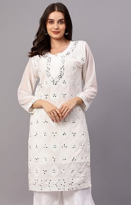 MRS RIGHT COMPUTERIZED CHIKANKARI MIRROR EMBROIDERED A LINE KURTI