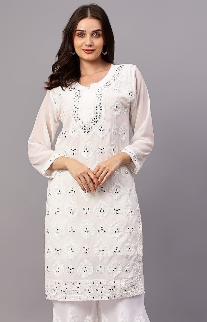 MRS RIGHT COMPUTERIZED CHIKANKARI MIRROR EMBROIDERED A LINE KURTI