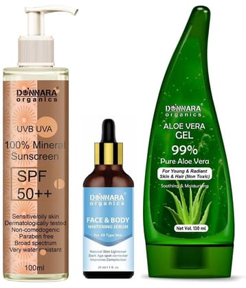 Donnara Organics 100% Mineral Suncreen Cream UVB & UVA Protection with SPF 50++ 100ml, Face and Body  Whitening Serum 30ml & Natural Aloe Vera Gel 130ml - Combo of 3 Items