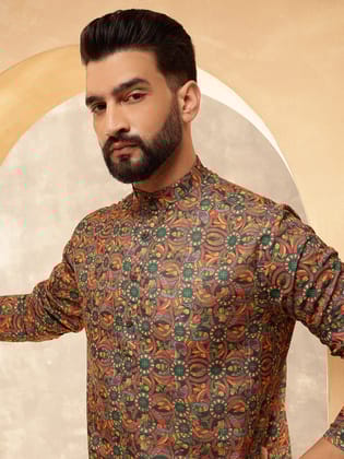Men's Cotton Linen Kalamkari Printed Multi & Green Only Long Kurta-36