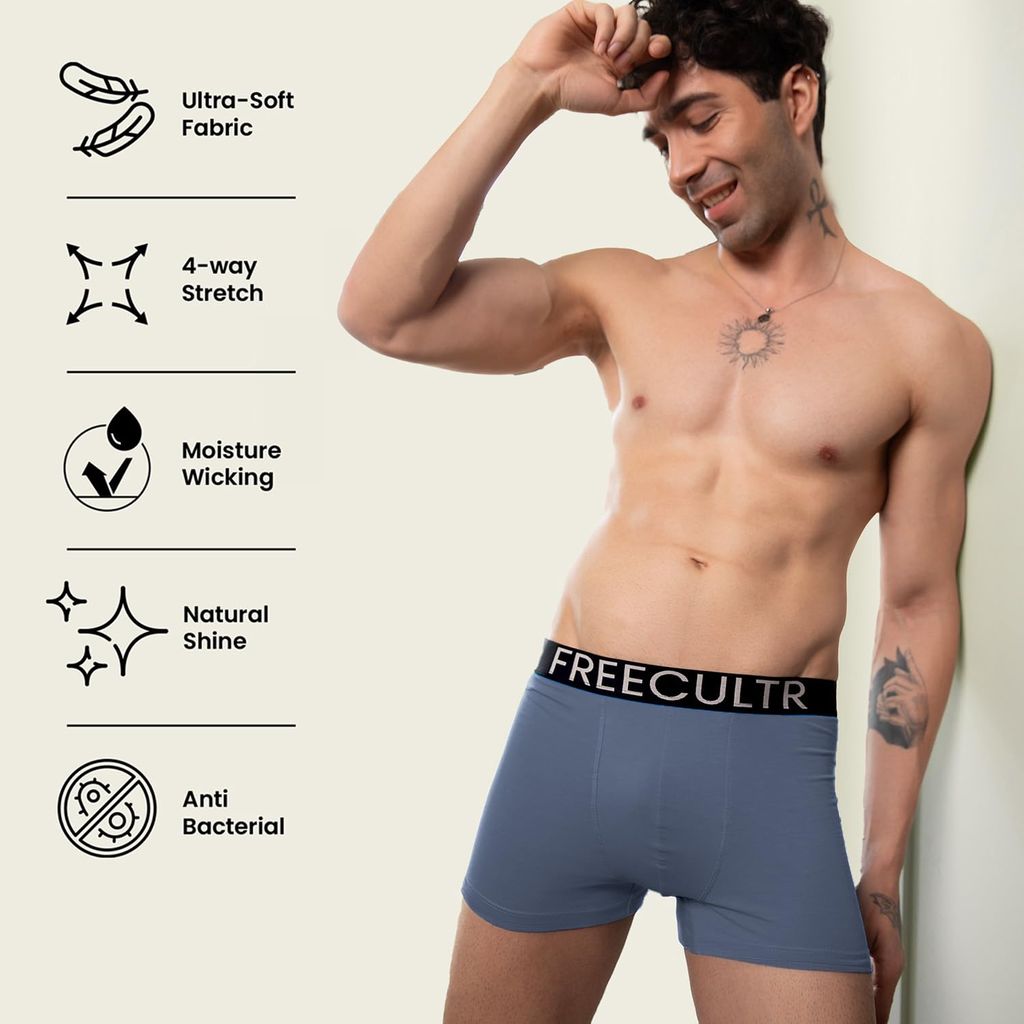 Freecultr Men's Underwear Organic Cotton (Ultrasoft Waistband) Premium Snug-Fit Trunk Pack of 1-Shadow Blue