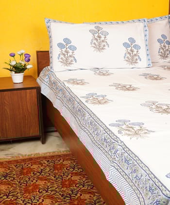 White blue hand block printed cotton double bedsheet