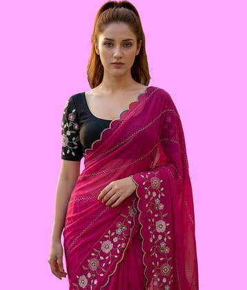 Indy Bliss Satin Embroidered Regular Saree With Unstitched Blouse Piece ( Pink )