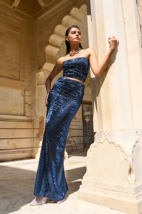 BLUE SEQUIN BANDEAU AND MAXI SKIRT-XS / XXS