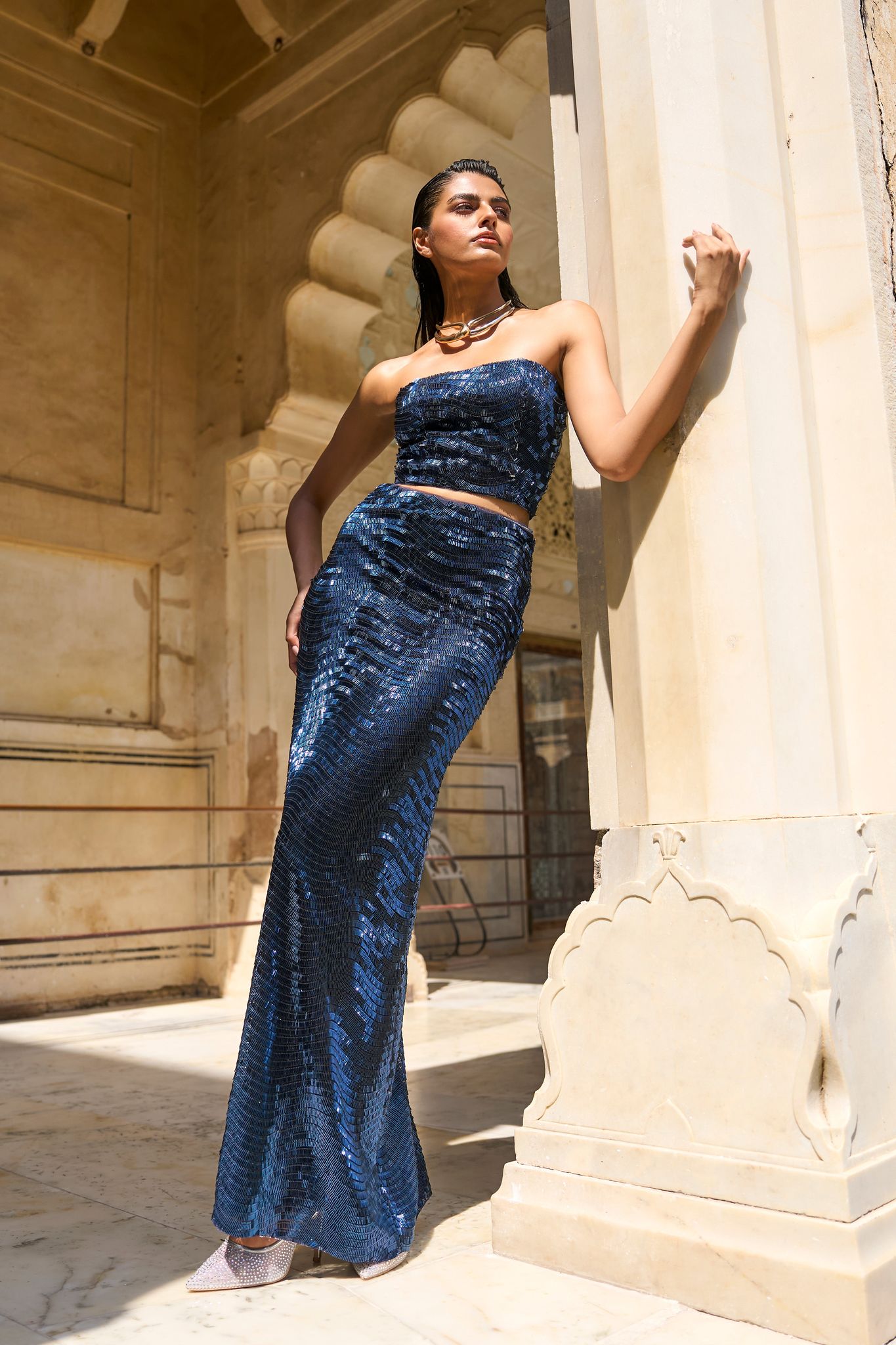 BLUE SEQUIN BANDEAU AND MAXI SKIRT-XS / XXS