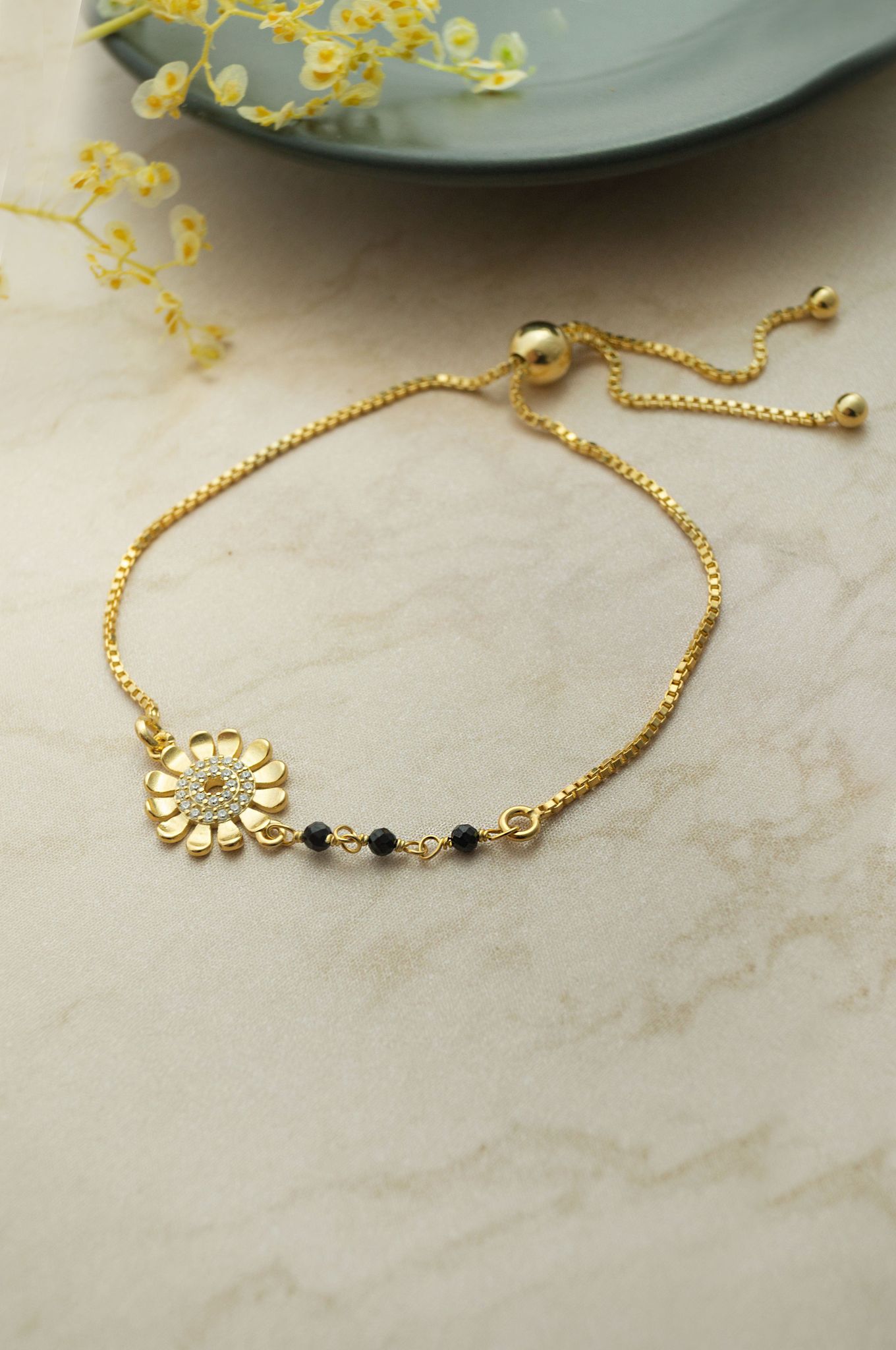 Floral Beauty Gold Plated Sterling Silver Adjustable Mangalsutra Bracelet-Gold / 6 inches adjustable upto 8 inches