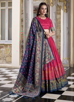 Red & Dark Blue Art Silk & Silk Blend Embroidered &  Floral Print & Geometric Print & Digital Print Lehenga Choli For Women