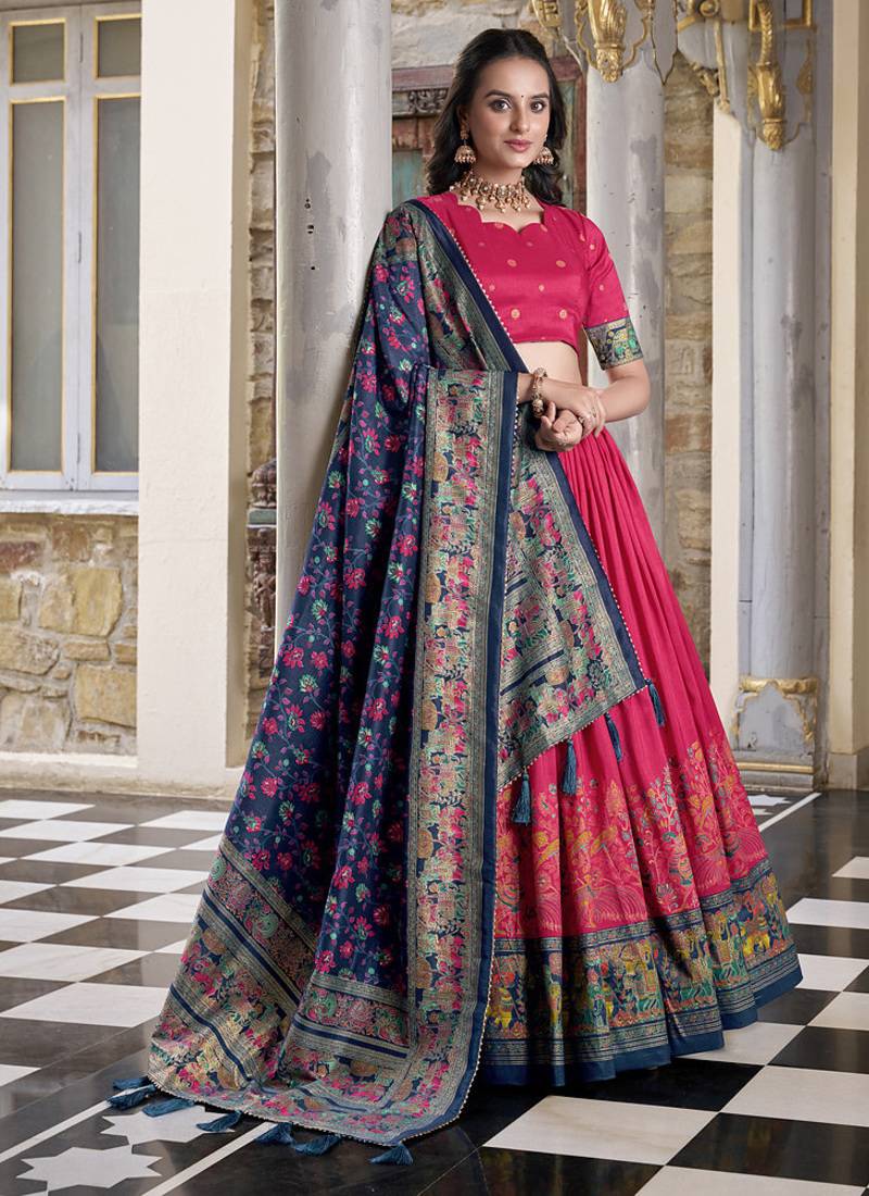 Red & Dark Blue Art Silk & Silk Blend Embroidered &  Floral Print & Geometric Print & Digital Print Lehenga Choli For Women
