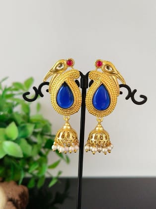 Long Gold Plated Jhumka Earring With Pearl and Monalisa Stone | Sarichka-Blue+Red White PLK