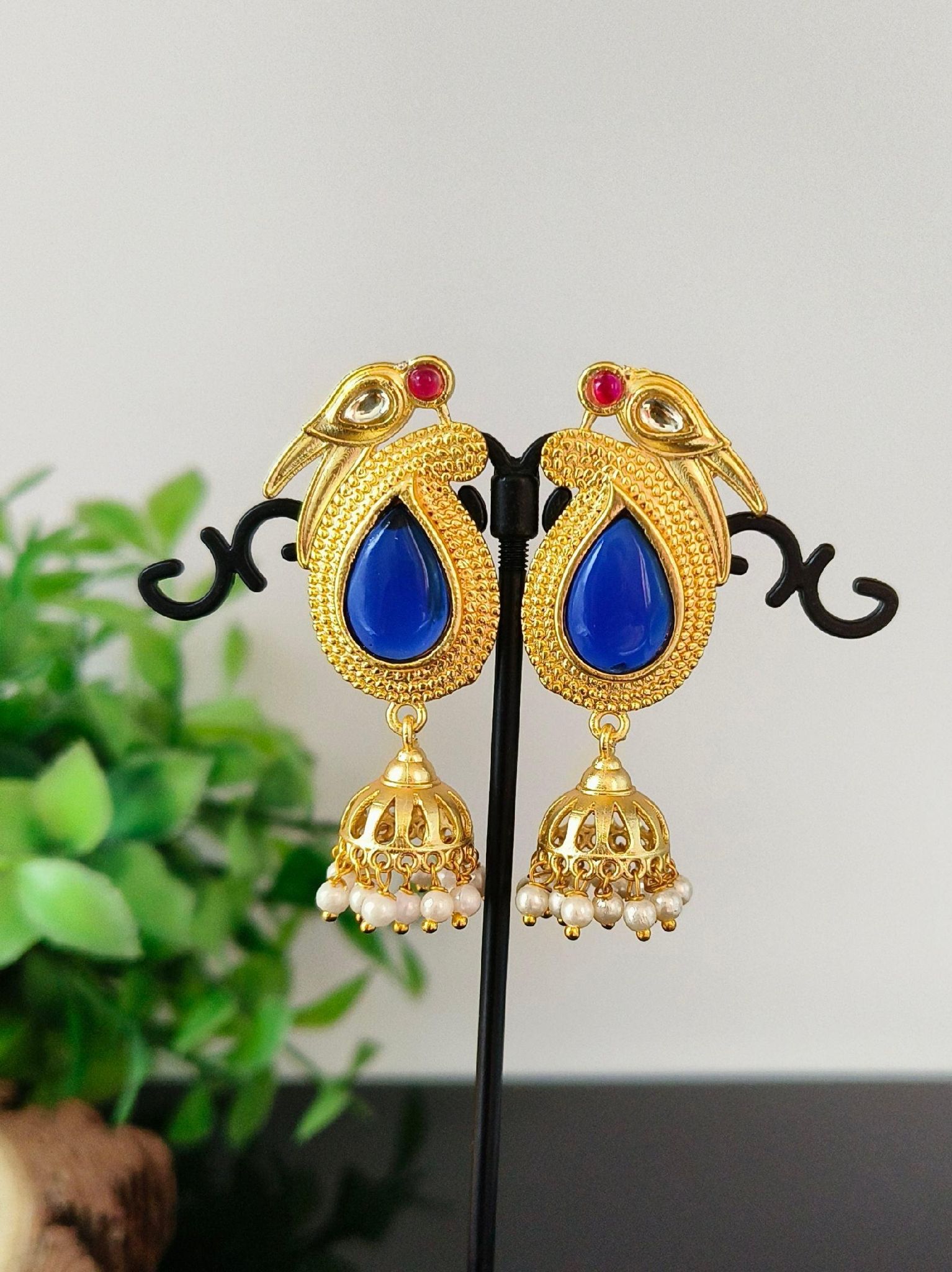 Long Gold Plated Jhumka Earring With Pearl and Monalisa Stone | Sarichka-Blue+Red White PLK