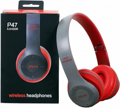 P47 Wireless Bluetooth Headphones, Deep Bass, Foldable Design, Built-in Mic, All-Day Comfort and Noise Isolation Color - Red