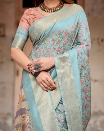 Sky Blue Tussar Silk Saree with Intricate Zari Border and Artistic Pallu Design-Regular