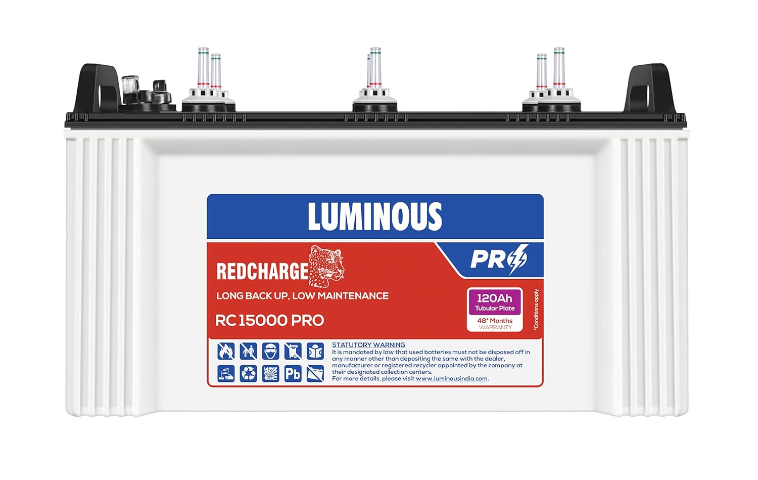Luminous Red Charge RC 15000 PRO Battery for Home, Office & Shops | 120 Ah Tubular | Blue & White | Easy Installation | Durable and Reliable Battery | Minimum Maintenance | with 48 Months Warranty