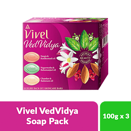 Vivel Ved Vidya Luxury Soap Bars - For Soft, Even-Toned, Clear, Radiant & Glowing Skin, 100 g (Pack of 3) Vivel Ved Vidya Luxury Soap Bars - For Soft, Even-Toned, Clear, Radiant & Glowing Skin, 100 g (Pack of 3)