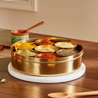 Brass Spice Box Masala Box Set With Spoon (ZMAS467 Q)