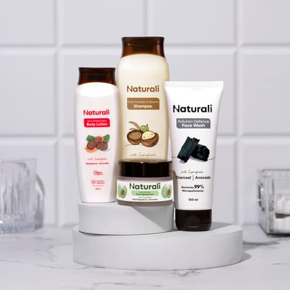 Naturali Rice Water Shampoo + Charcoal Face Wash + Face Moisturiser + SPF Body Lotion-200ml+100ml+30ml+100ml