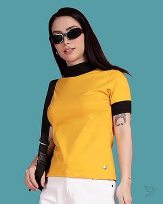 High Neck - Colour Block Top - Mustard-S / Mustard
