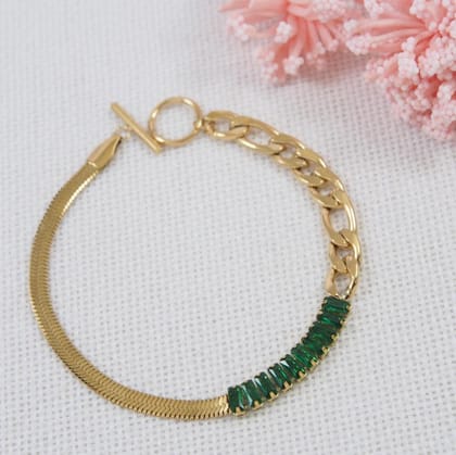 Stainless Steel Green Baguette Charm Bracelet- STBR 3920