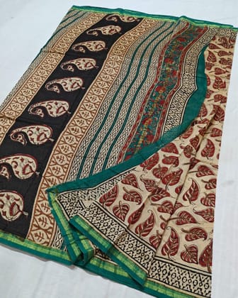 Whispering Petals Kalamkari Chanderi Silk Neutral Beige Saree