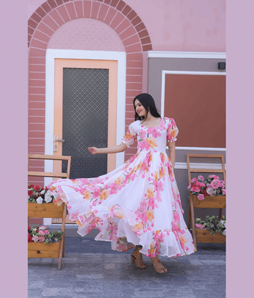 kedar fab Women Georgette Printed Gown ( White )