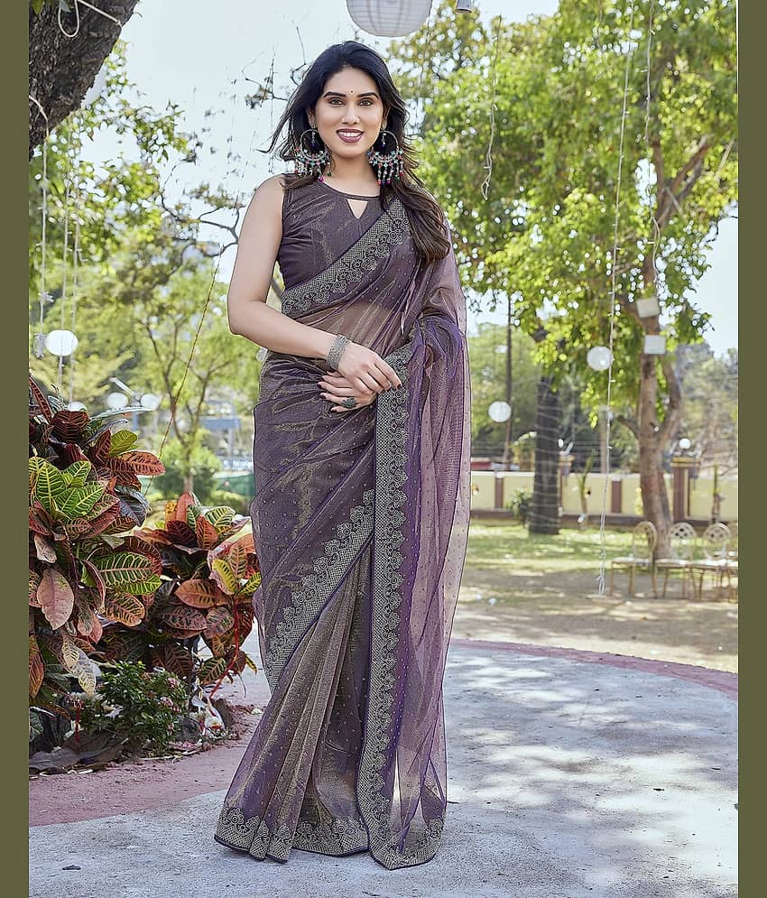 Yashika Tissue Printed Regular Saree With Unstitched Blouse Piece ( Purple )