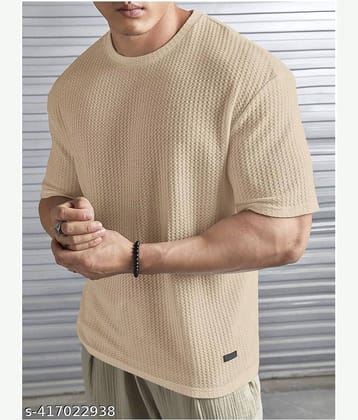 TAZO Cotton Blend Regular Fit Self Design Half Sleeves Men's Round T-Shirt - Beige ( Pack of 1 )