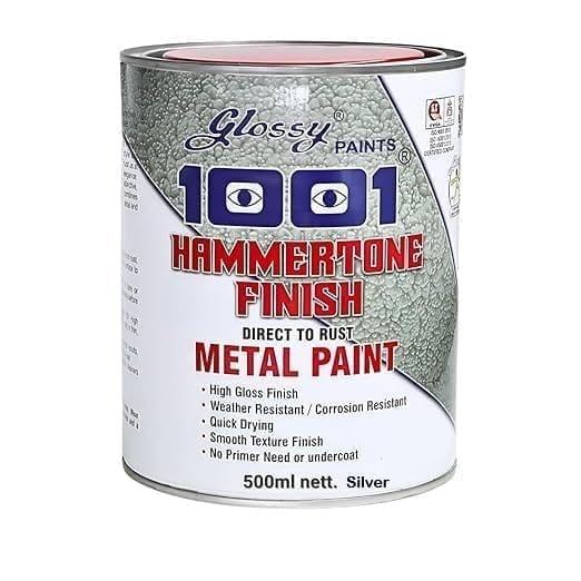 1001 Glossy Hammertone Finish Metal Paint, Silver, 500ml, High Gloss, Weather Resistant, Quick Drying