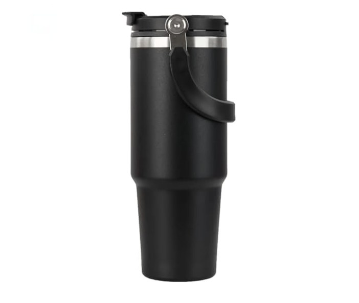 Insulated Travel Tumbler with Handle, 30 OZ, Double Wall Vacuum, 18/8 Stainless Steel, Sweat Proof, Hot and Cold Drinks, Black