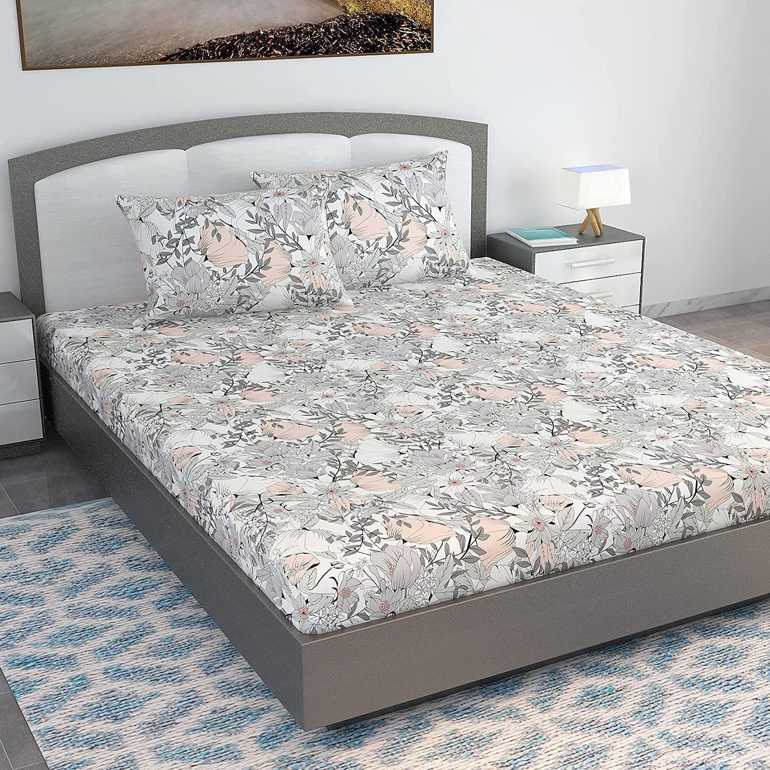 Bloom Floral Print Bedsheet For King Size Bed-King / Grey Multicolor / GB-2034-KB
