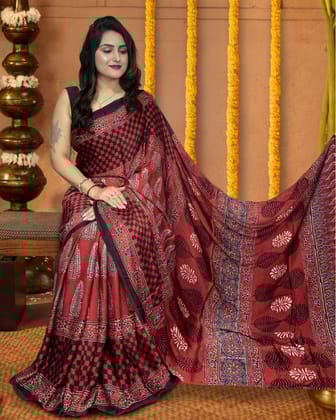 Heritage Hues Modal Silk Berry Red Ajrakh Saree