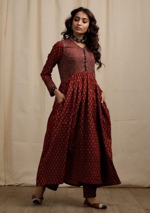 Red Ajrakh Print Flaredand Gathered Kurta with Pockets-XS