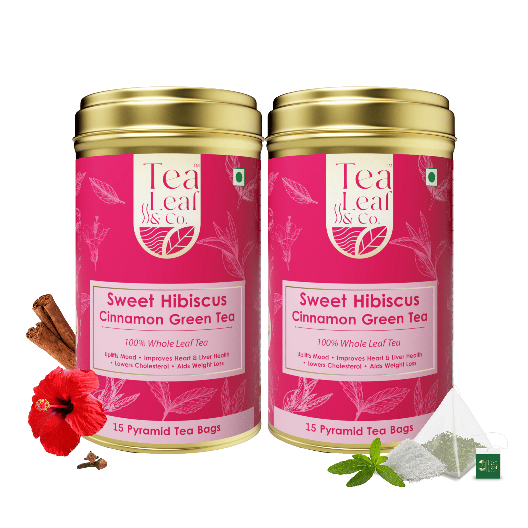 Sweet Hibiscus Green Tea with Cinnamon Heart Health & Lowers Cholesterol Farm Fresh Flavor 30 Pyramid Tea Bags Pack of 2