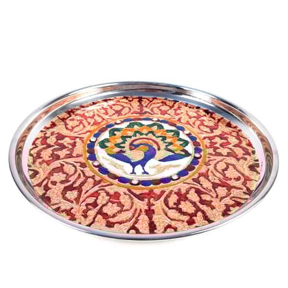 Peacock Design Pooja Thali - For For Pooja, Weddings & Festivals -  11 Inch-Red