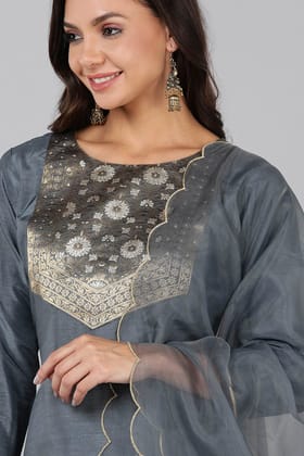 Grey Poly Silk Solid Straight Suit Set PKSKD1322 Grey Poly Silk Solid Straight Suit Set PKSKD1322