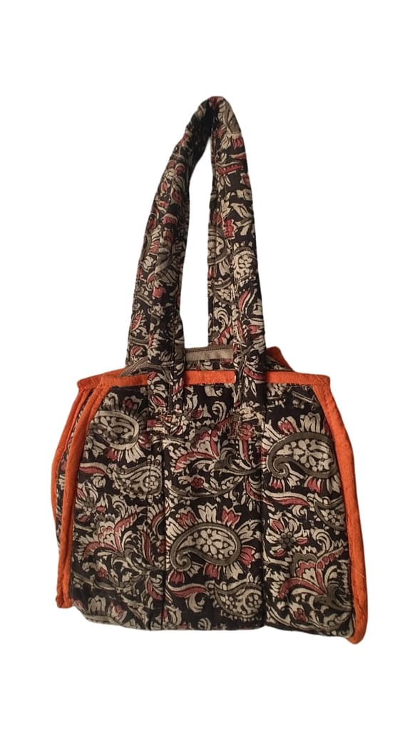 KALANKARI   Handcrafted Quilted Cotton Tote Bag with Floral Print and Orange Trim