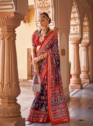 Blue Printed Patola Silk Saree