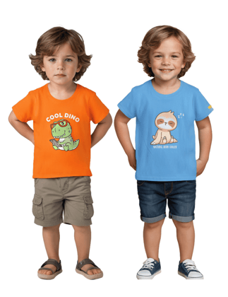 Boys T-Shirt Scarlet Ibis Orange / All Aboard Blue, Soft Cotton, Ages 2-6 (2pcs pack)