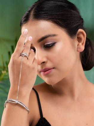 Women White & SilverToned Brass AD Handcrafted RhodiumPlated BangleStyle Bracelet