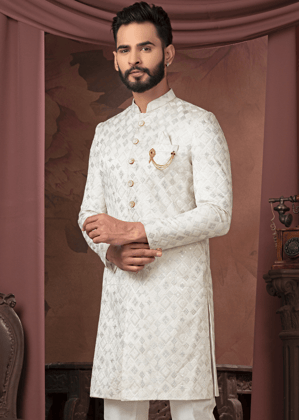 Off White Self Embroidered Indowestern Set