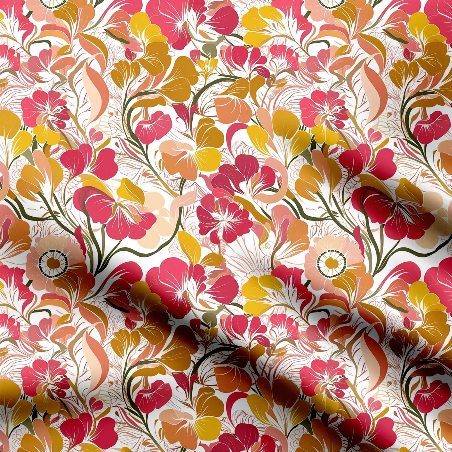 Pink Yellow Floral Print Fabric-Cotton