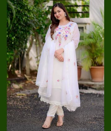 Eeloo Georgette Embroidered Kurti With Pants Women's Stitched Salwar Suit - White ( Pack of 1 )