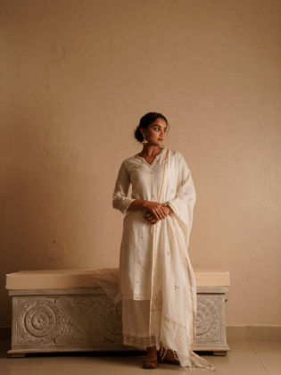 Resham Embroidered Straight Fit Suit Set - White-XS