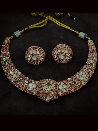 Stones studded kundan flower design hasli-Ruby green