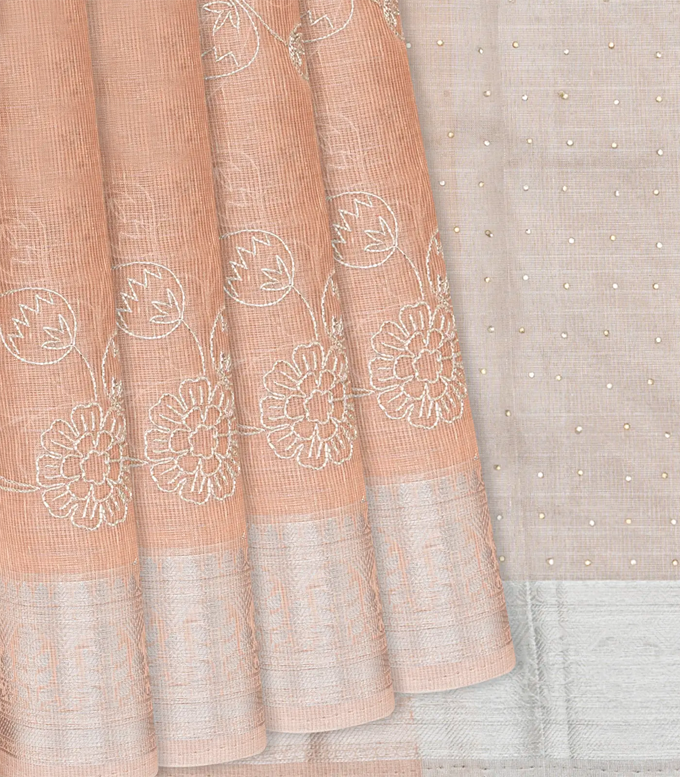 Light Peach Woven Linen Saree With Embroidered Floral Motifs-Light Peach-Light Peach